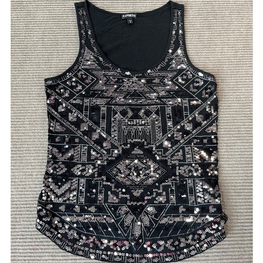 Express Black Silver Geometric Sequin Tank Top Scoop Neck Sleeveless Small